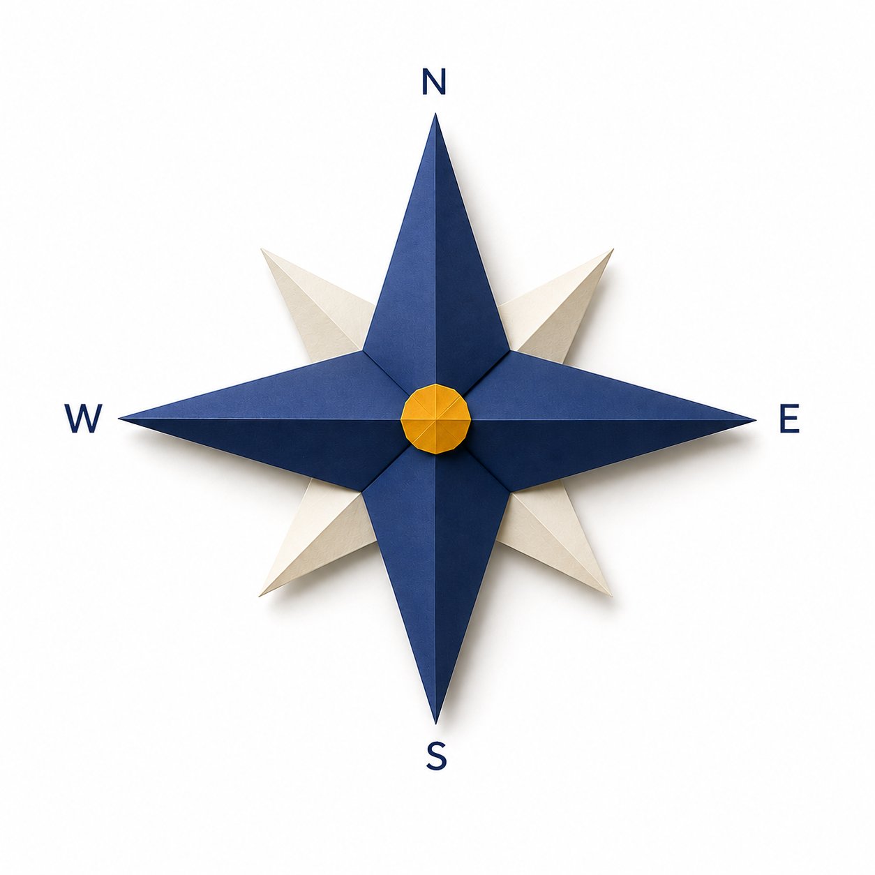 Papierschnitt-Motiv: eine Kompassrose in Navy und Beige mit amberfarbener Mitte