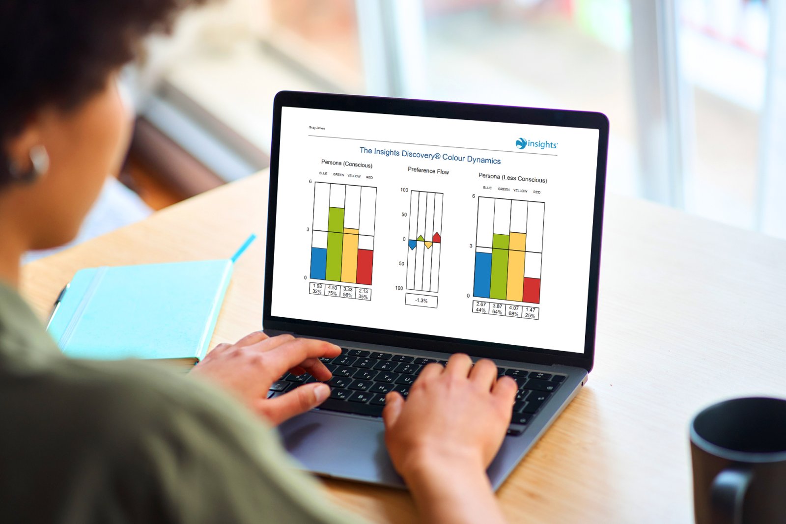 Insights-Discovery-Auswertung am Laptop: Balkendiagramme der vier Farbenergien