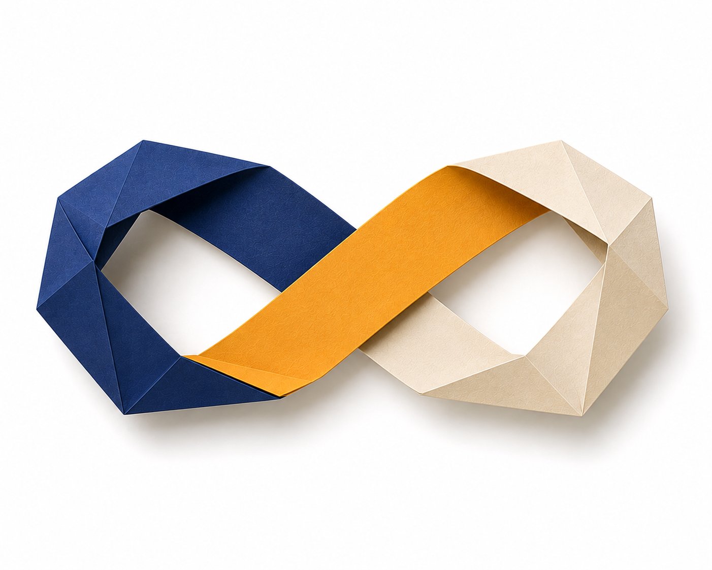 Papierschnitt-Motiv: ein Möbiusband aus Navy, Amber und Beige — zwei Seiten, eine Schleife