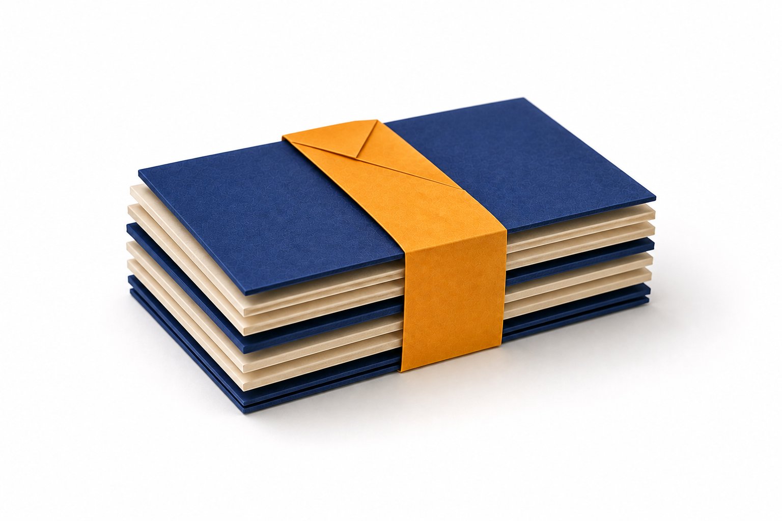 Papierschnitt-Motiv: ein Stapel gebündelter Mappen in Navy und Beige mit amberfarbenem Band