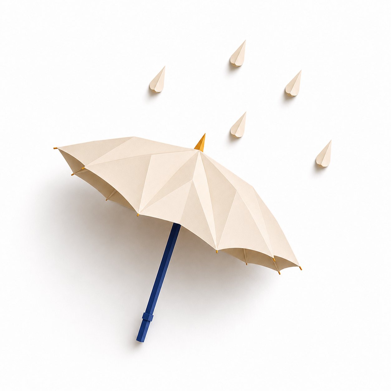Papierschnitt-Motiv: ein aufgespannter Regenschirm unter fallenden Tropfen