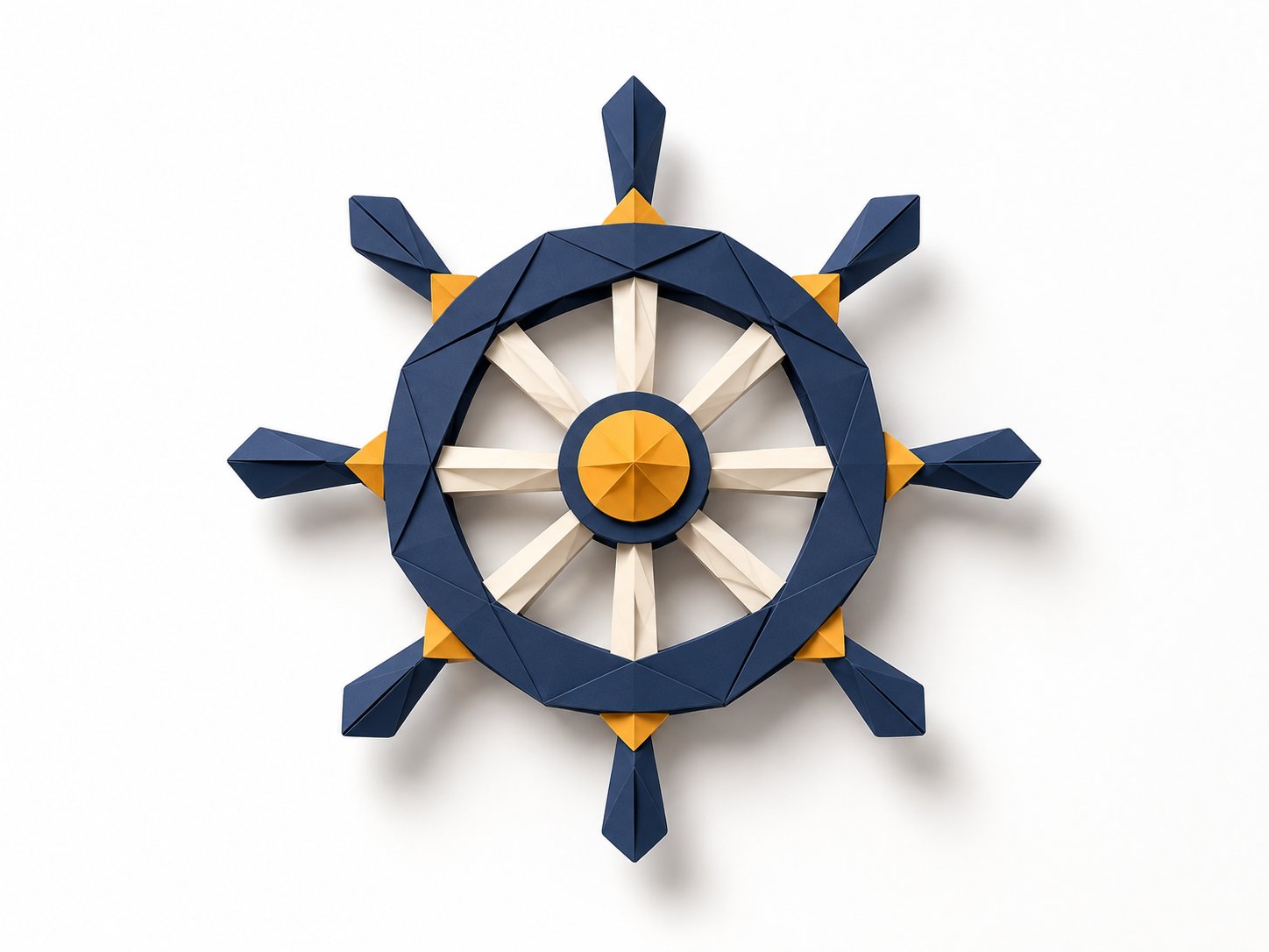 Papierschnitt-Motiv: ein Steuerrad in Navy, Beige und Amber