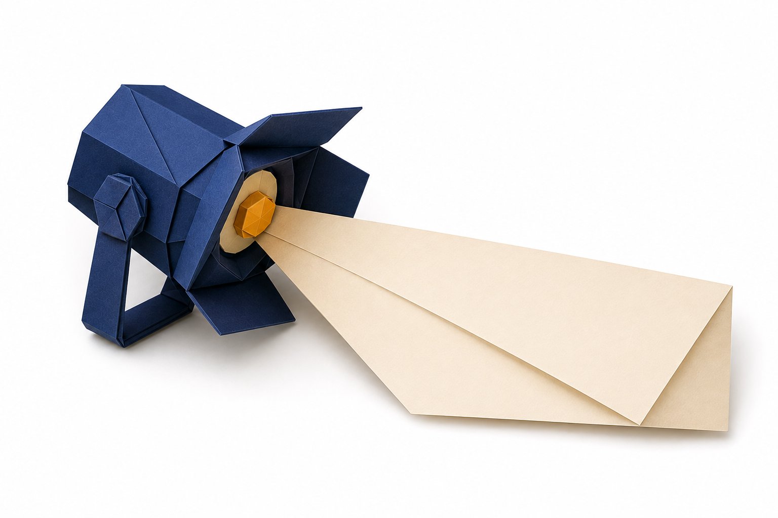 Papierschnitt-Motiv: ein Bühnenscheinwerfer wirft einen breiten Lichtkegel